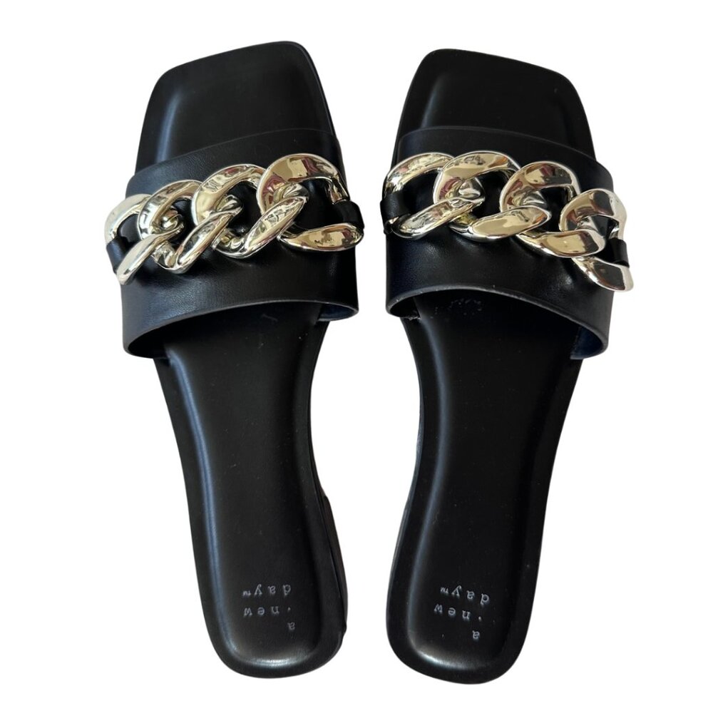 Square-Toed Black Sandals with Gold Chain Accent from A New Day!